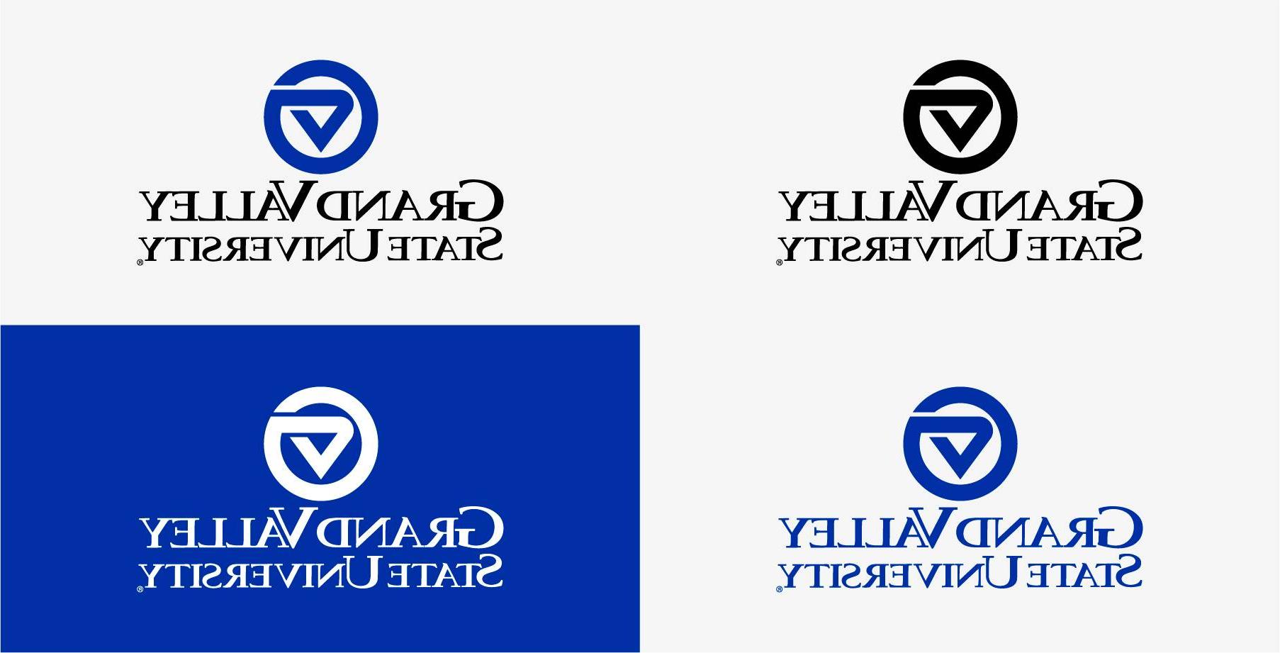 4 Grand Valley logos: one black, one blue, one black and blue, and one white.